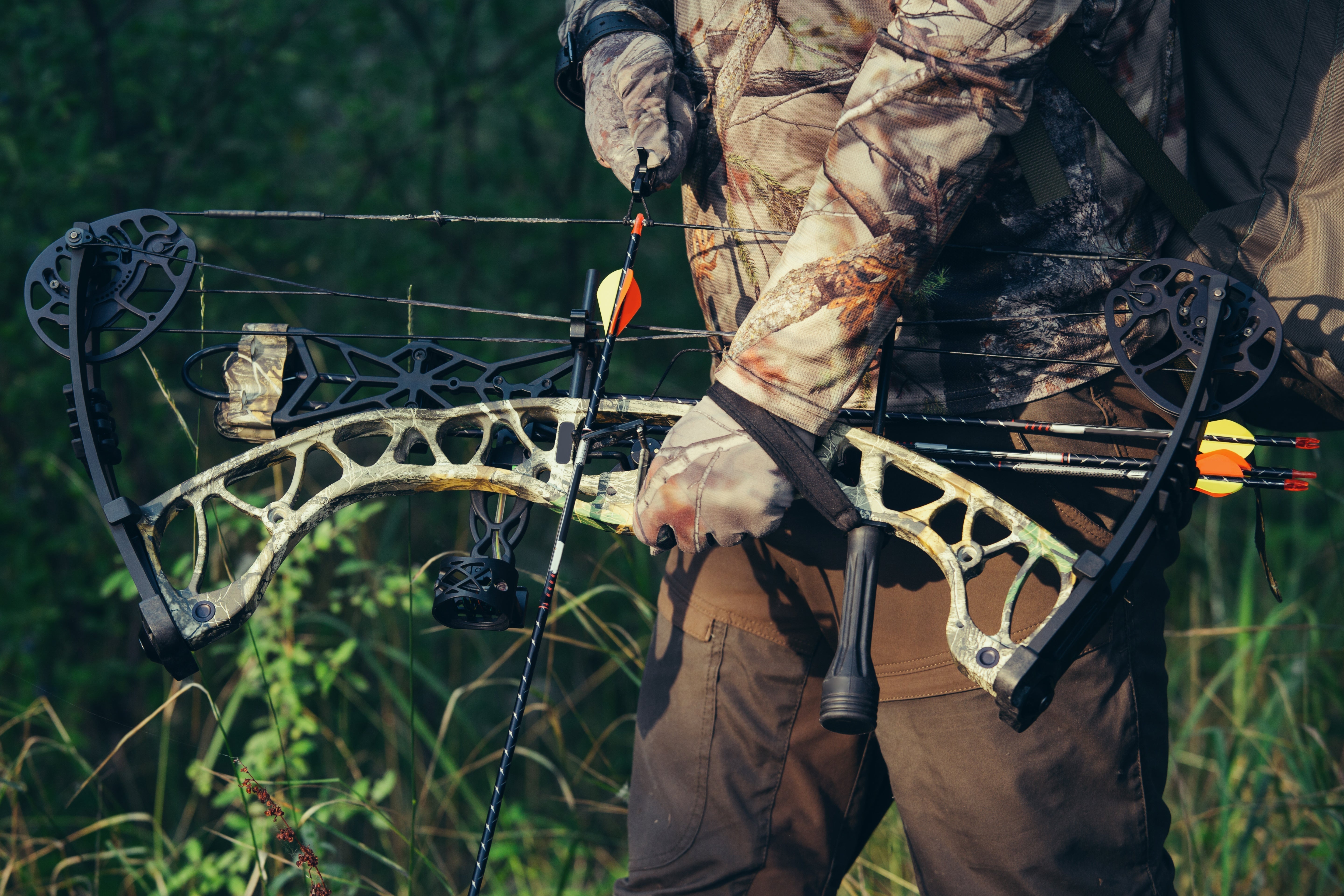 Close-up of a hunter in camouflage gear holding a Bear compound bow with a carbon stabilizer and arrows, ready for a hunt in the Florida brush.