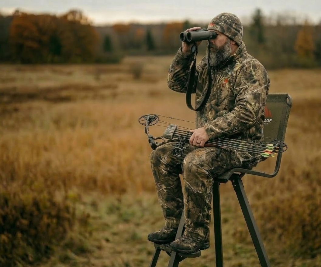 Bowhunter seated on a black metal tripod deer stand in an open field, using binoculars to scout for deer with a compound bow resting across his lap.