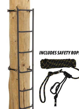 The Big Foot&trade; Tree Ladder with Safety Rope was designed for confident climbing. The ladder is wide enough for two feet on every step and features handrails on both sides for added security. In addition, the ladder steps are covered with Tractionite&trade; permanent non-slip coating for superior grip. The Big Foot&trade; Tree Ladder includes a safety rope and ratchet straps to provide unmatched security and stability.