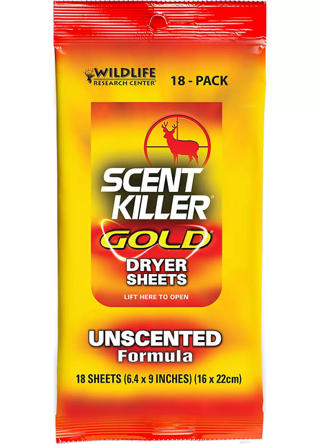 WILDLIFE RESEARCH Scent Killer Gold Dryer Sheets Unscented   18-Pack