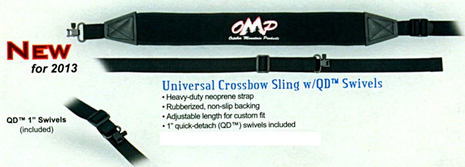 Designed to provide all-day comfort and control in the field the October Mountain Universal Crossbow Sling features a heavy duty neoprene strap with a rubberized non-slip backing, to ensure slip resistant maneuverability. Fully adjustable design for a custom fit, and comes with quick- detach swivels, for ease of installation. Great for crossbows and firearms. Black with the October Mountain Logo on strap.