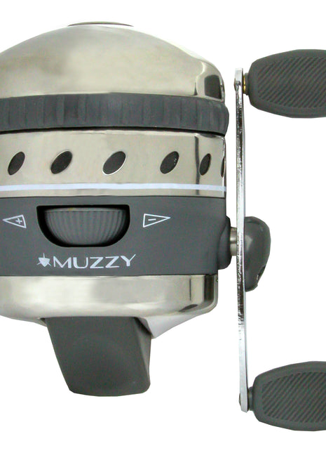 MUZZY Improved Spin style bowfishing reel with intigraged Reel Mounting system With 150# Line Installed Push Button