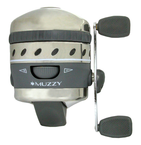 MUZZY Improved Spin style bowfishing reel with intigraged Reel Mounting system With 150# Line Installed Push Button